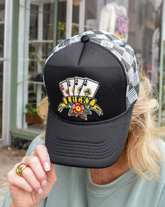 FEELING LUCKY TRUCKER HAT - BLACK CHECKERED