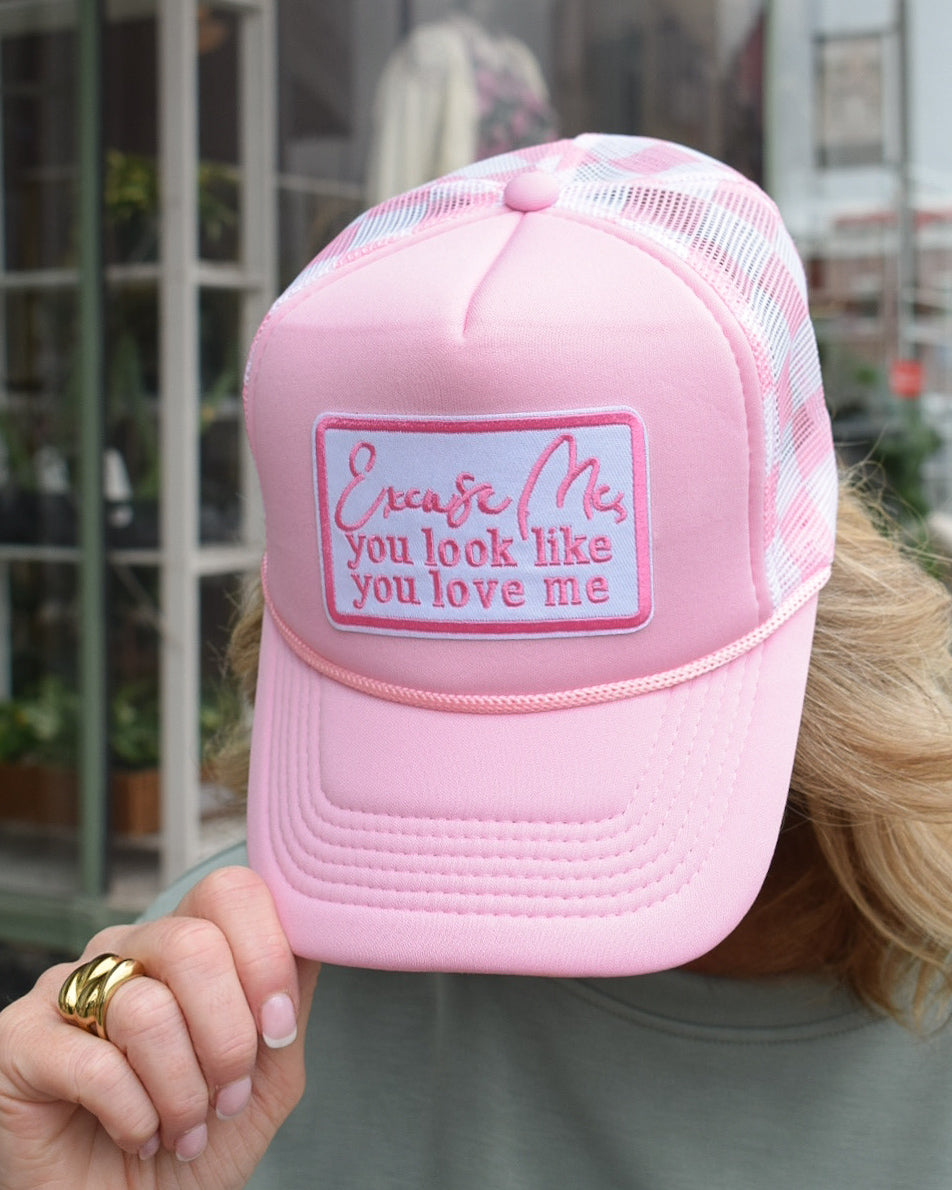 YOU LOOK LIKE YOU LOVE ME TRUCKER HAT- PINK CHECKERED
