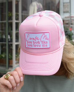 YOU LOOK LIKE YOU LOVE ME TRUCKER HAT- PINK CHECKERED