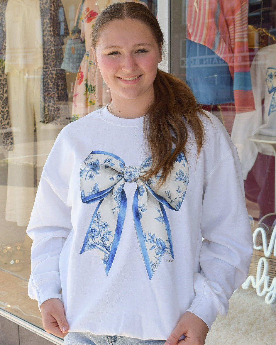 BIG ON BOWS SWEATSHIRT - BLUE WILLOW