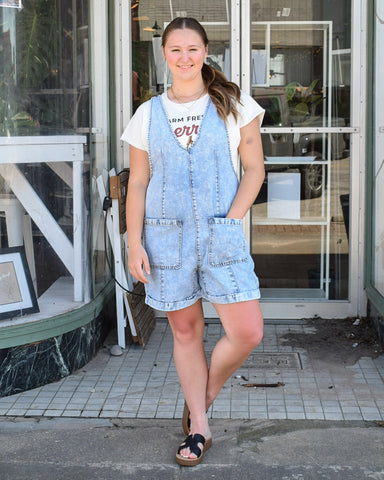 CORINA DENIM OVERALL ROMPER - INDIGO