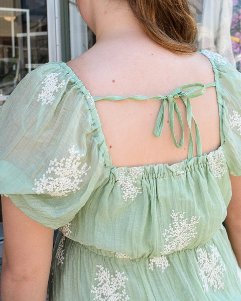 EMILY EMBROIDERED PUFF SLEEVE MIDI DRESS- SAGE