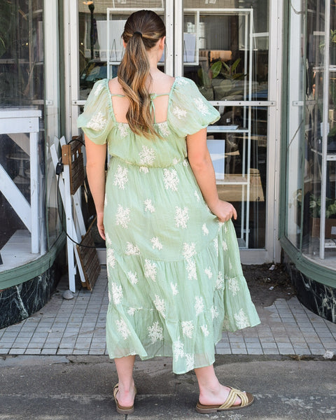 EMILY EMBROIDERED PUFF SLEEVE MIDI DRESS- SAGE