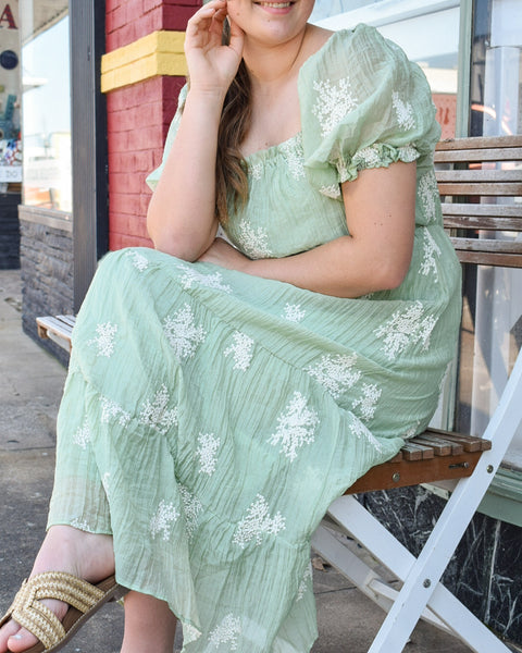 EMILY EMBROIDERED PUFF SLEEVE MIDI DRESS- SAGE