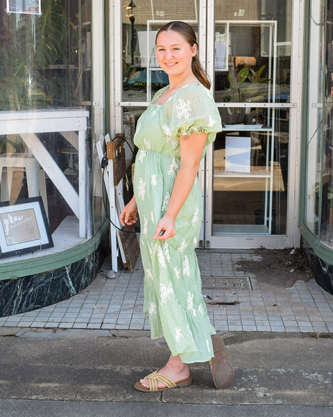 EMILY EMBROIDERED PUFF SLEEVE MIDI DRESS- SAGE