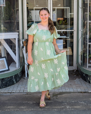 EMILY EMBROIDERED PUFF SLEEVE MIDI DRESS- SAGE