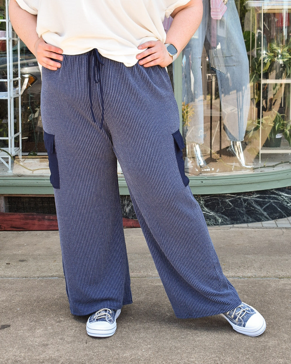 CURVY - URBAN RIBBED CASUAL PANTS - NAVY