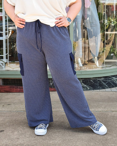 CURVY - URBAN RIBBED CASUAL PANTS - NAVY