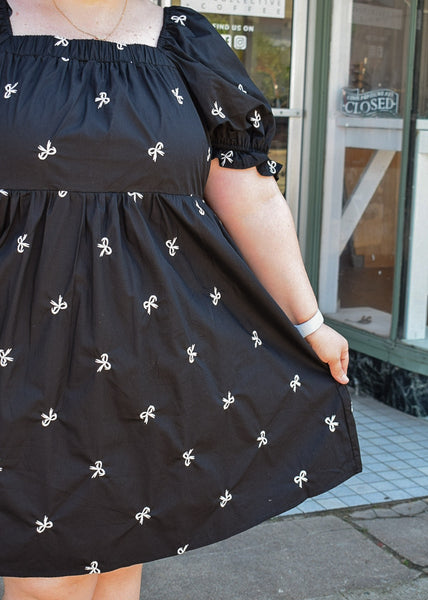 BOW EMBROIDERED DETAIL MINI DRESS- BLACK- CURVY