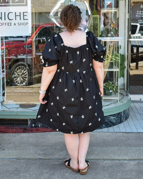 BOW EMBROIDERED DETAIL MINI DRESS- BLACK- CURVY