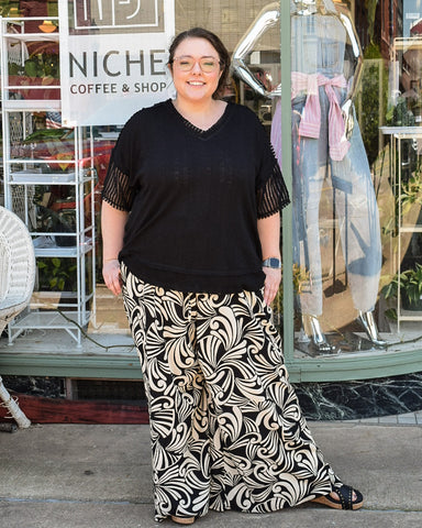 PRINTED WIDE LEG PALAZZO PANTS - BLACK REG/CURVY