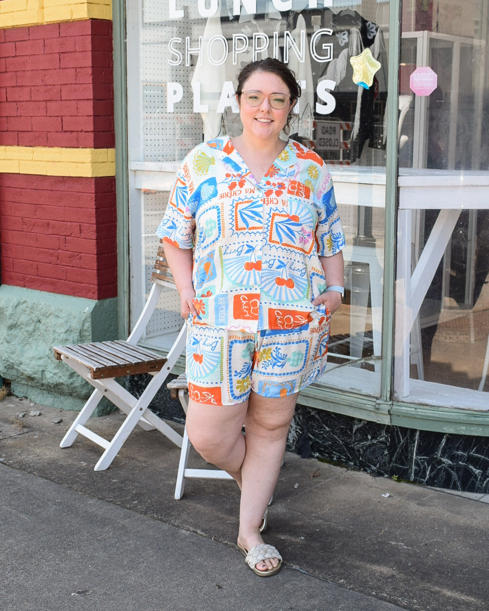 Fruit printed short set, plus size short set, Mediterranean vacation 
