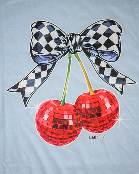 DISCO CHERRIES GRAPHIC TEE - LT BLUE - CURVY