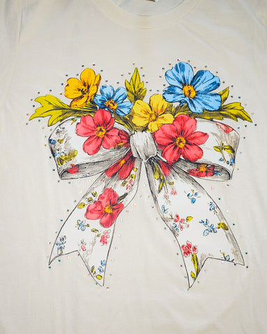 WILD FLOWERS BIG BOW BLING GRAPHIC TEE - OATMEAL - CURVY