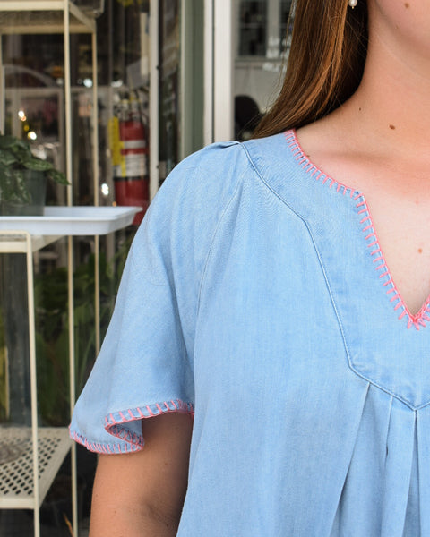 PATTI DENIM DRESS - PINK STITCHING - Salty Lime Boutique