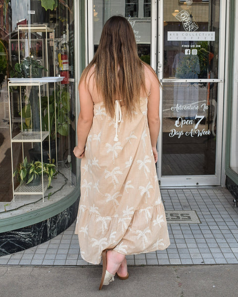 SEA BREEZE AND PALM TREES EMBROIDERED BOHO DRESS - TAUPE