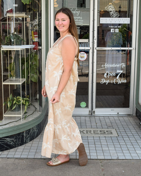 SEA BREEZE AND PALM TREES EMBROIDERED BOHO DRESS - TAUPE