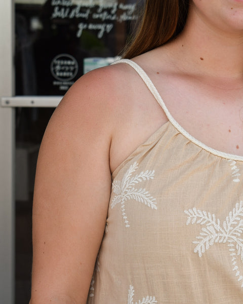 SEA BREEZE AND PALM TREES EMBROIDERED BOHO DRESS - TAUPE