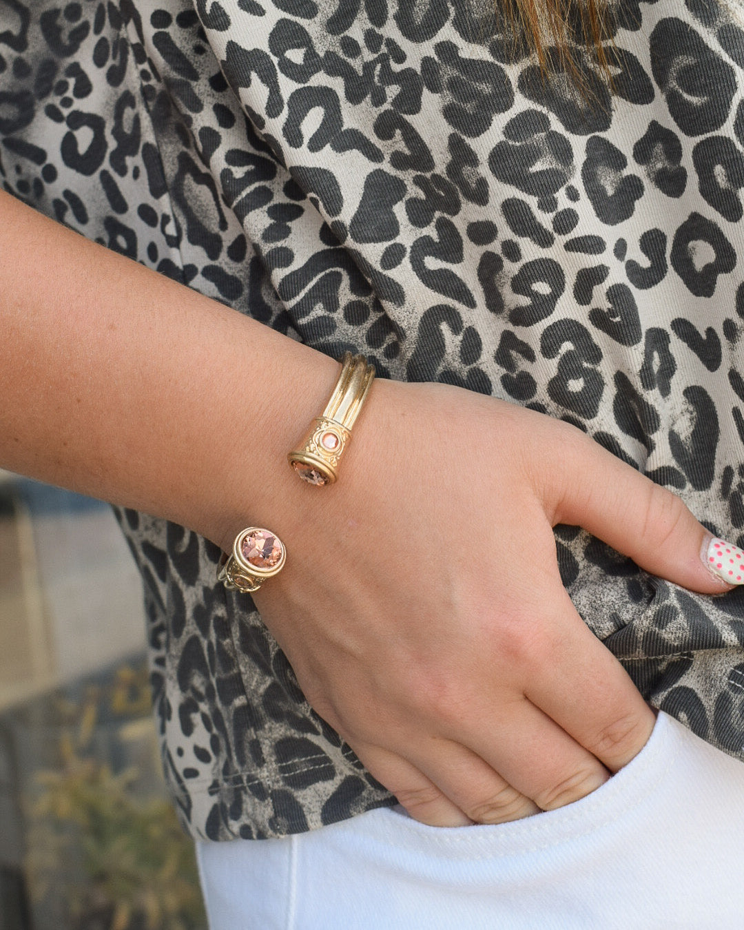 JEWELED GOLD OPEN HINGED CUFF BRACELET - PINK