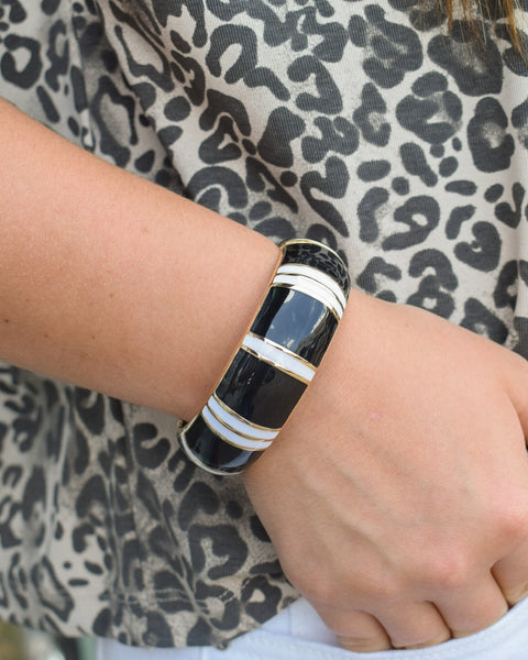 STRIPED ENAMEL HINGED BRACELET  - BLACK - Salty Lime Boutique