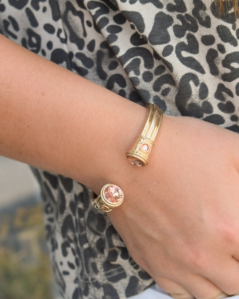 JEWELED GOLD OPEN HINGED CUFF BRACELET - PINK