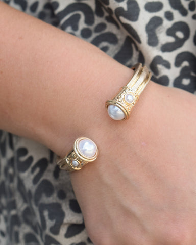 DELANEY JEWELED GOLD OPEN HINGED CUFF BRACELET - PEARL