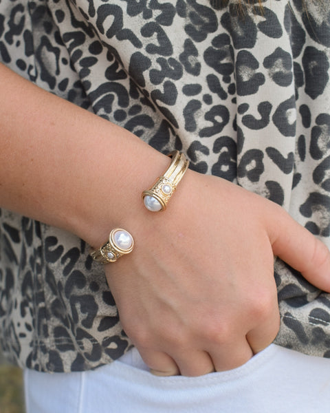 DELANEY JEWELED GOLD OPEN HINGED CUFF BRACELET - PEARL