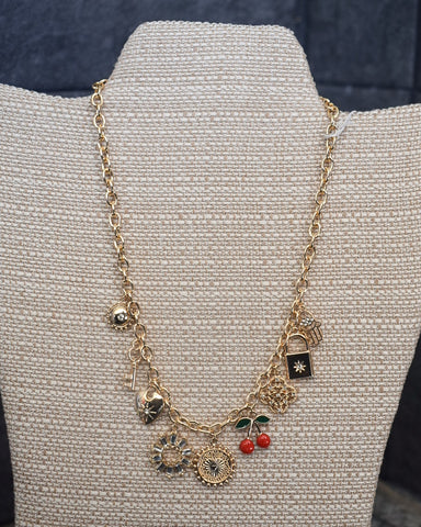 STARBURST AND CHERRIES CHARM NECKLACE - GOLD