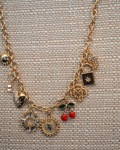STARBURST AND CHERRIES CHARM NECKLACE - GOLD
