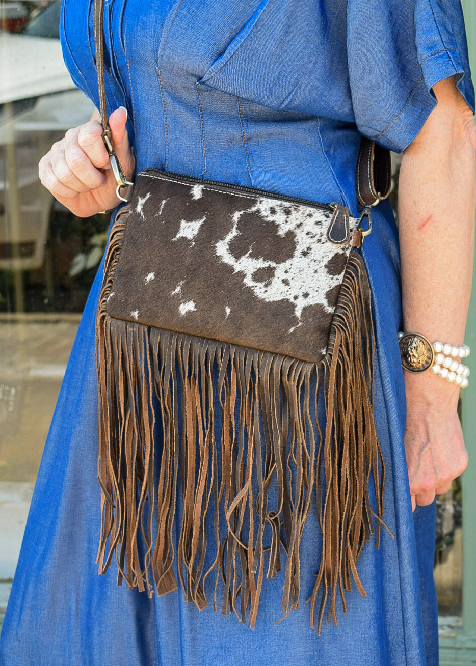 COWHIDE FRINGE LEATHER CROSSBODY  - BROWN