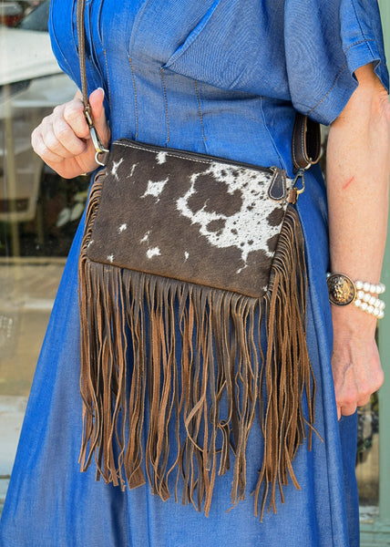 COWHIDE FRINGE LEATHER CROSSBODY  - BROWN