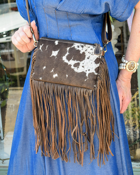 COWHIDE FRINGE LEATHER CROSSBODY  - BROWN