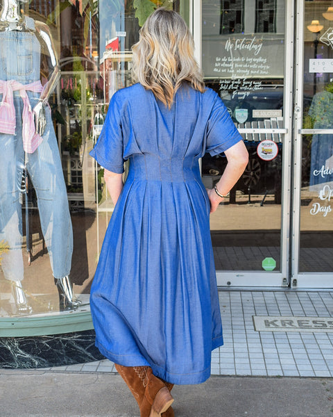 ALEXIS LONG PLEATED WAIST DRESS - INDIGO