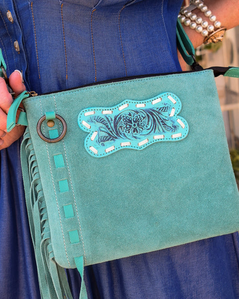 FRINGE LEATHER CROSSBODY  - TURQUOISE