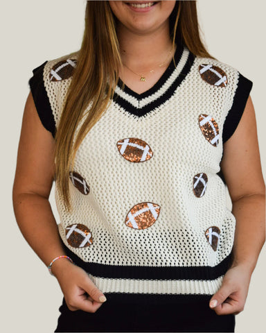 ivory sleeveless sweater with sequin footballs patterns