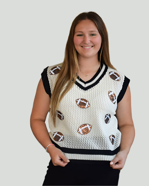 FOOTBALL SEQUINS PATCH KNIT SWEATER VEST - IVORY