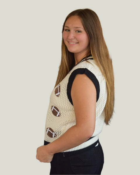 FOOTBALL SEQUINS PATCH KNIT SWEATER VEST - IVORY