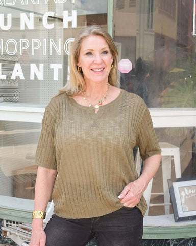 HENLEY RIBBED KNIT TOP- OLIVE