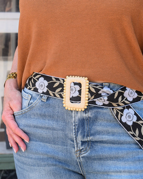 ANGELINA BLACK/WHITE FLORAL FABRIC BELT BY POL