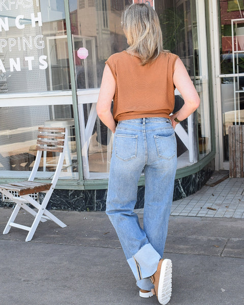 HIGH RISE ANKLE WIDE CUFFED JEANS BY RISEN