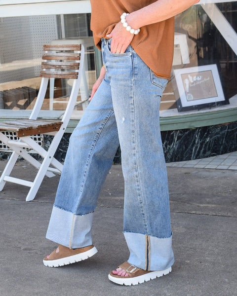 HIGH RISE ANKLE WIDE CUFFED JEANS BY RISEN