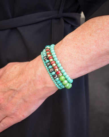 LOVE GLASS BEADED STRETCHY BRACELET  SET OF 4 - TURQUOISE