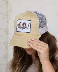 HOWDY PUMPKIN TRUCKER HAT - TAN CHECKERBOARD