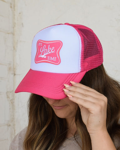IT'S LAKE TIME TRUCKER HAT - HOT PINK/WHITE