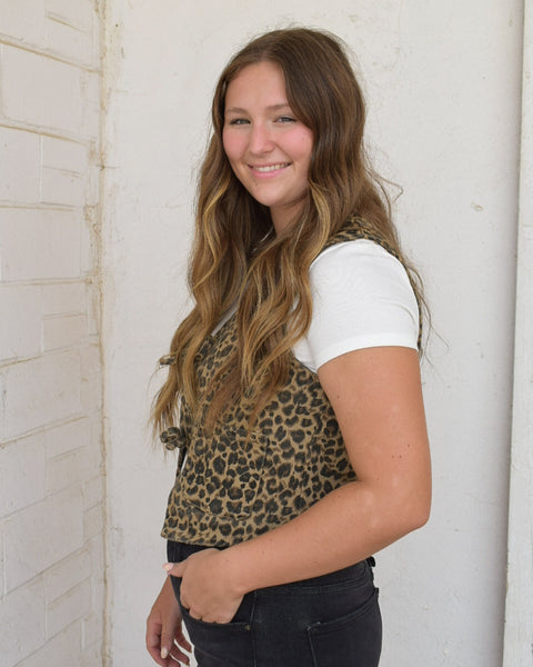 BEAUTIFUL THINGS ACID WASHED DENIM FRONT TIE VEST - LEOPARD