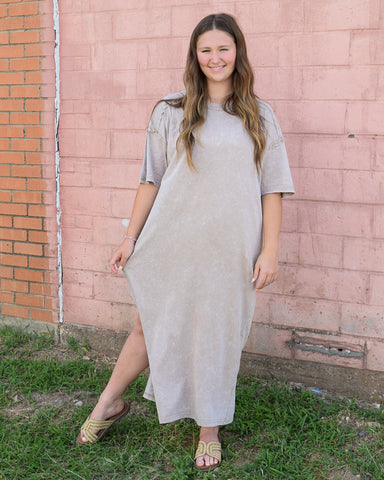 SOMEONE YOU LOVE MINERAL WASHED MIDI DRESS- BEIGE