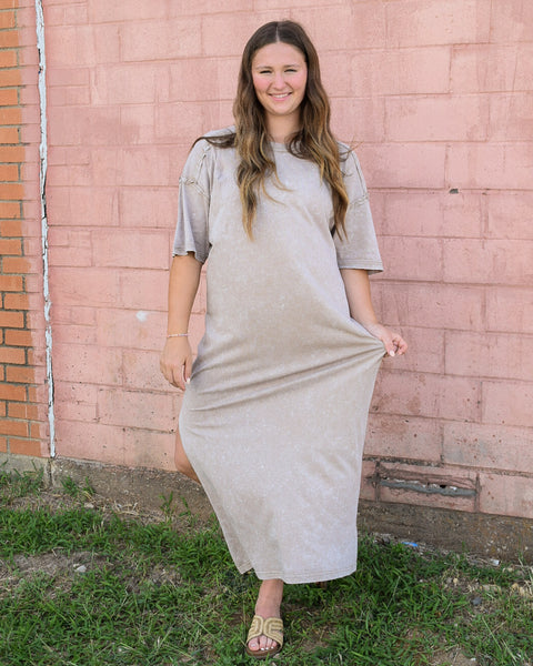 SOMEONE YOU LOVE MINERAL WASHED MIDI DRESS- BEIGE