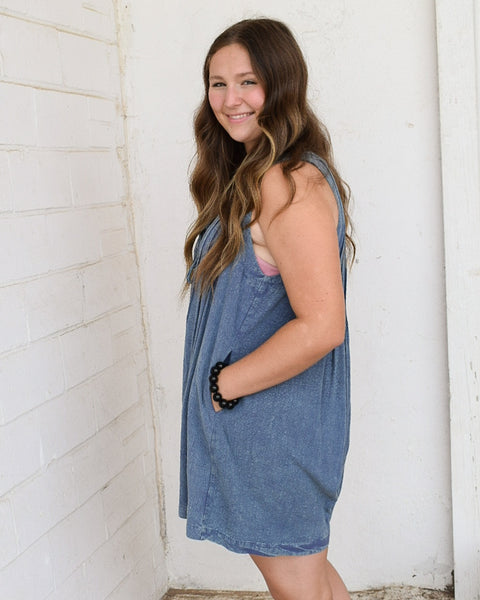 AVERY MINERAL WASHED PLEATED ROMPER - DENIM