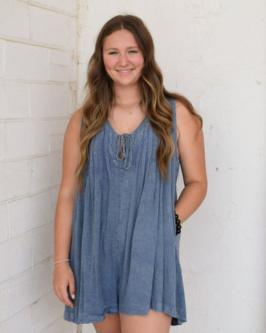 AVERY MINERAL WASHED PLEATED ROMPER - DENIM