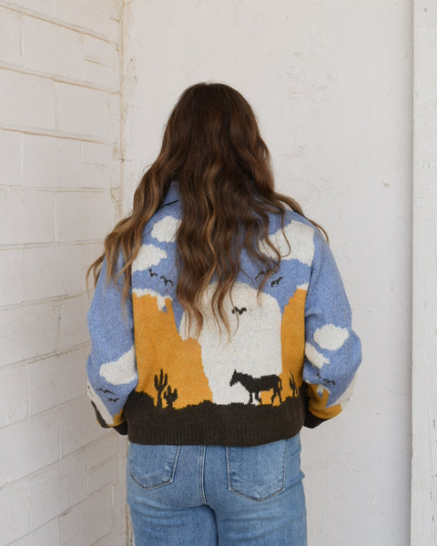 HORSE & SUNSET CARDIGAN SWEATER - CHAMBRAY